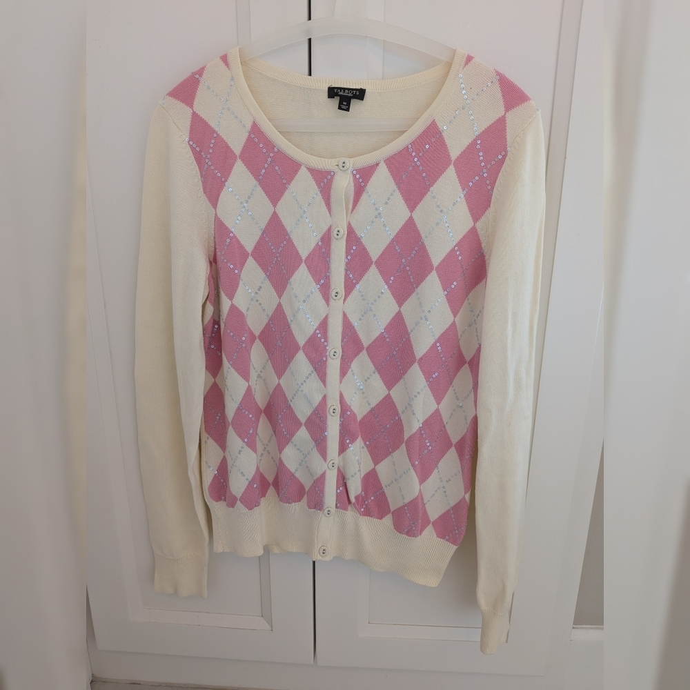 Talbots Silver Sequin Pink Harlequin Pattern Cardigan Medium